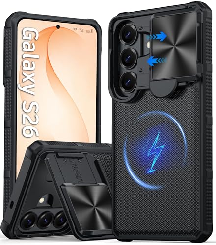 Image of Magnetic for Samsung Galaxy S26 Case,[Slide Camera Cover][Kickstand][Compatible with Magsafe][Military Grade Protection] Shockproof Rugged Case for Galaxy S26,Black