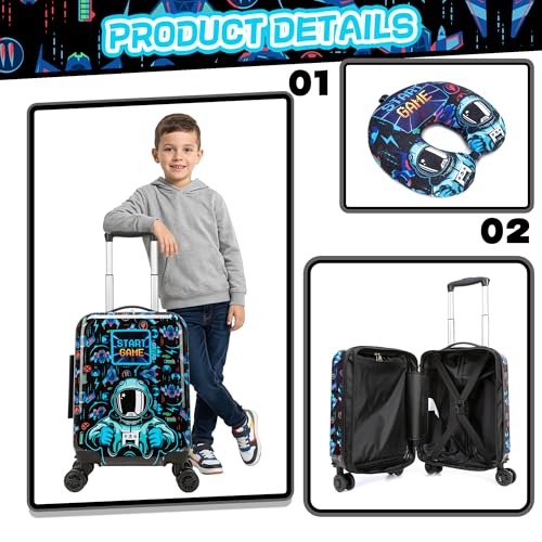 Image of Kids Luggage Set Carry On Rolling Suitcase with U shaped Pillow Toddler Suitcase for Boys Travel Set Rocket Hardside Luggage with Spinner Wheels Airline Approved