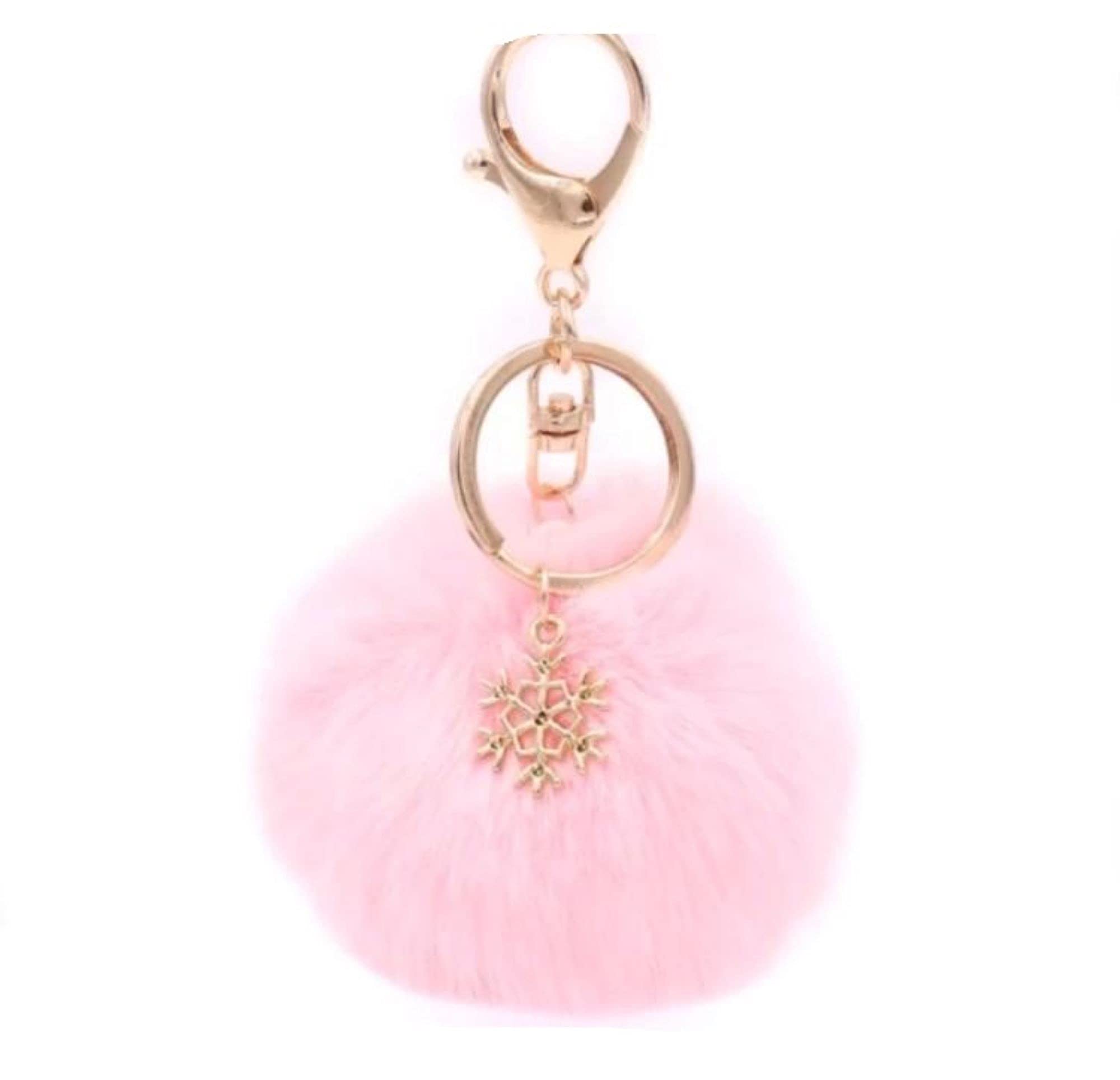 Crownofribbons Women's Pink Fluffy Pom Christmas Keyring, With Snowflake Charm, Car, Luggage Bag Accessory