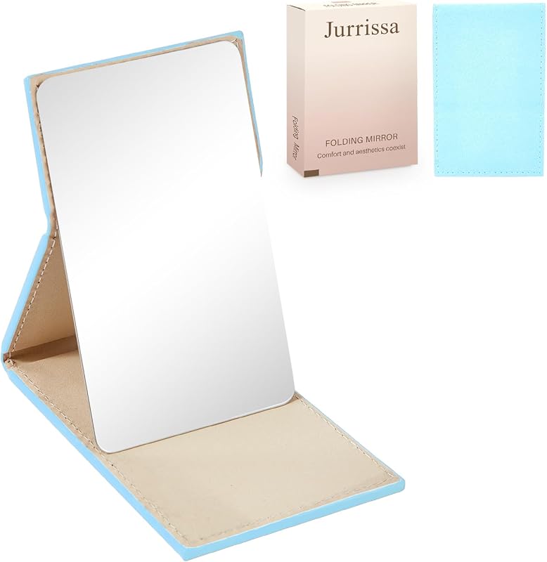 Espelho compacto dobrável Jurrissa em aço inoxidável com capa de PU, azul, 9,91 cm x 6,86 cm