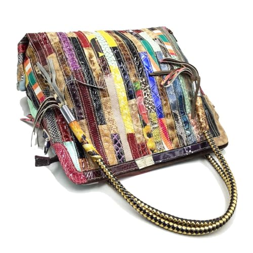 Genuine Leather Women's Bag Grain Colorful Stripe Spell Single Shoulder Slant Tote2