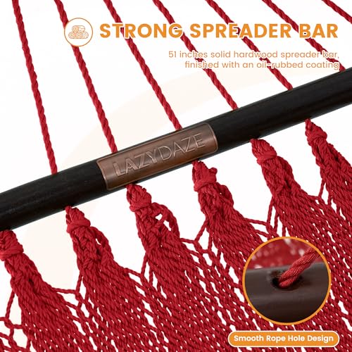 Lazy Daze Hammocks 10.5 FT Double 2 Person Caribbean Rope Hammock, Hand Woven Polyester Hammock with Spreader Bars, for Outside Outdoor Backyard Patio Poolside, 450 LBS Capacity, Red by Lazy Daze Hammocks - Used condition - Image 5