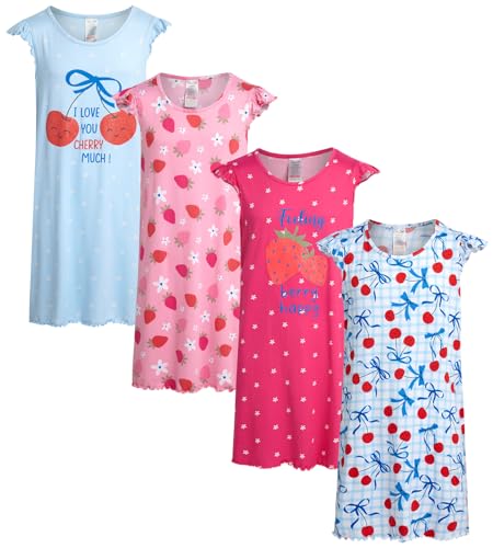 Rene Rofe Girls Pajamas - 4 Pack Lightweight Polyester Girls Nightgowns with Cute Designs Kids Pajamas Sleepwear (4T-12)
