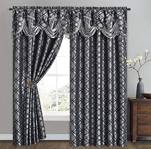 Gohd Dance With Wind. Jacquard Window Curtain Panel Drape With Attached Fancy Valance. 2Pcs Set. Each Pc 54" Wide X 84" Drop With 18" Valance. (Black Grey) #TOP6