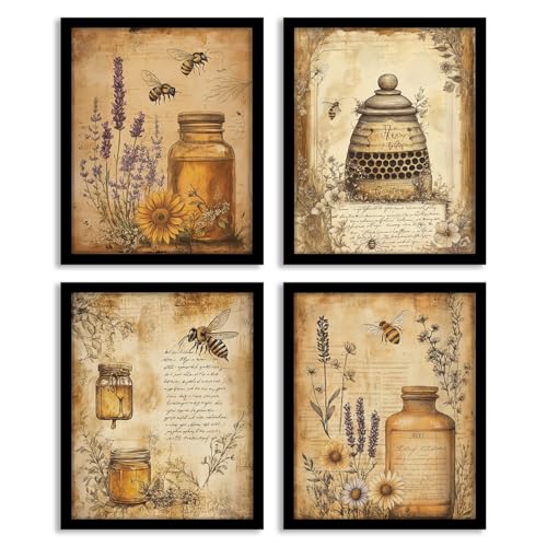 Image of WEFKODO Vintage Honey Bee Floral Wall Art, Retro Bee Decor for Home Bathroom Bedroom Kitchen Farmhouse, Summer Flower Vintage Pictures Wall Decor Posters Prints Set of 4, 8x10 Unframed