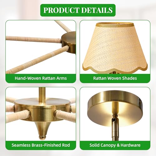 Image of 39 inch Boho Rattan Chandelier, 6-Light Rattan Pendant Light, Handwoven Natural Rattan, Rustic Industrial Adjustable Rattan Fixture for Dining Room, Kitchen Island & Living Room, E12 Socket