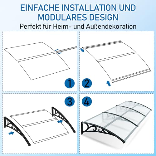Sonnewelt Vordach für Haustür 100 x 300 cm, Überdachung aus 5 mm Polycarbonat und ABS, Transparentes Pultbogenvordach, Pultvordach mit UV-Schutz für draußen, Regenschutz