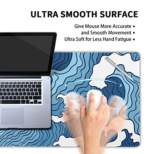 Image of Japanese Blue and White Wave Gaming Mouse Pad XL Anime Sea Texture Extended Large Desk Mat Big Mousepad Non-Slip Rubber Base Stitched Edge Long Desk Pad for Desktop PC Computer Gamer,31.5x11.8 Inch