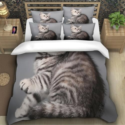 Housse de couette chaton tigré argenté 140x200 parure lit microfibre single - 5