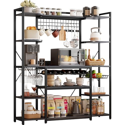 Image of IRONCK Large Bakers Rack with Power Outlet, 62 Inch Wide Microwave Stand, Coffee Bar with Storage, Kitchen Racks and Shelves, Vintage Black