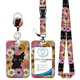 Cute Black Cat Floral Badge Holder with Breakaway Lanyard, Lanyards for ID Badges Women, Badge Reel Retractable, Pink ID Card Holder Keychain Name Badge Clip, Nurse Teacher Doctor Student Gifts