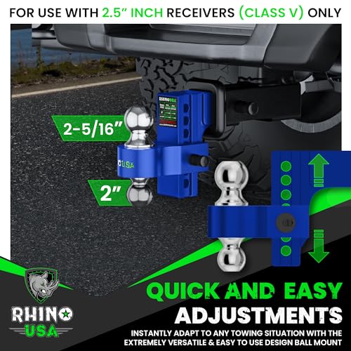 Image of Rhino USA Adjustable Trailer Hitch (Fits 2-Inch Receiver) - Heavy Duty Aluminum Tow Hitches with 6-Inch Drop /Rise for Truck (12,500 LBS GTW) - Weatherproof Double Anti-Theft Locking Hitch Pins (Blue)