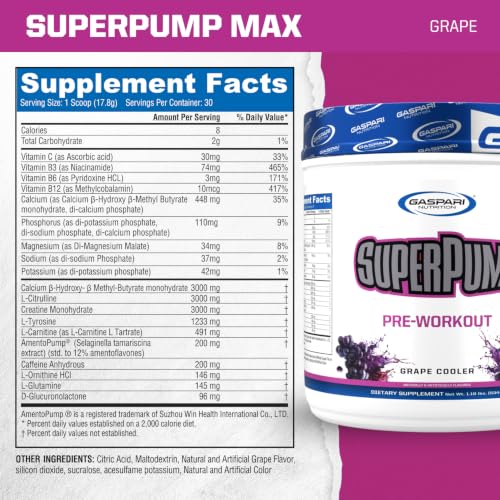 Image of Gaspari Nutrition SuperPump MAX, The Ultimate Pre Workout Powder, Sustained Energy Preworkout, Nitric Oxide Booster, Muscle Growth, Recovery & Replenishes Electrolytes (30 Servings, Grape Cooler)