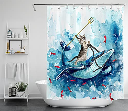 LB Blue Whale Shower Curtain Funny Cat,Watercolor Polyester Anti Mould Waterproof Bathroom Curtains with Hooks,59x71 inches - Image 3