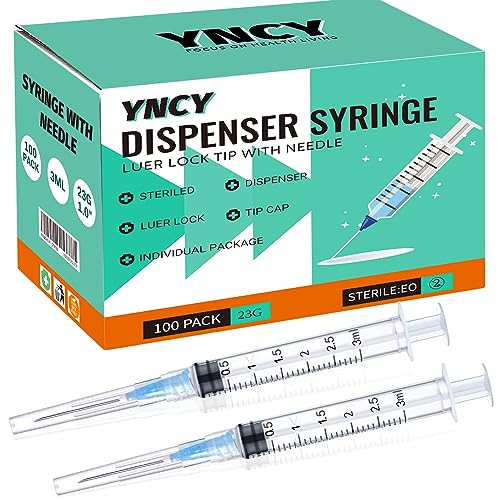 Yncy 3ML LUER LOCK SYRINGE WITH NEEDLE 100 100 Pack 3Ml Disposable Syringe With Needle 23Ga 1.0 Inch cover