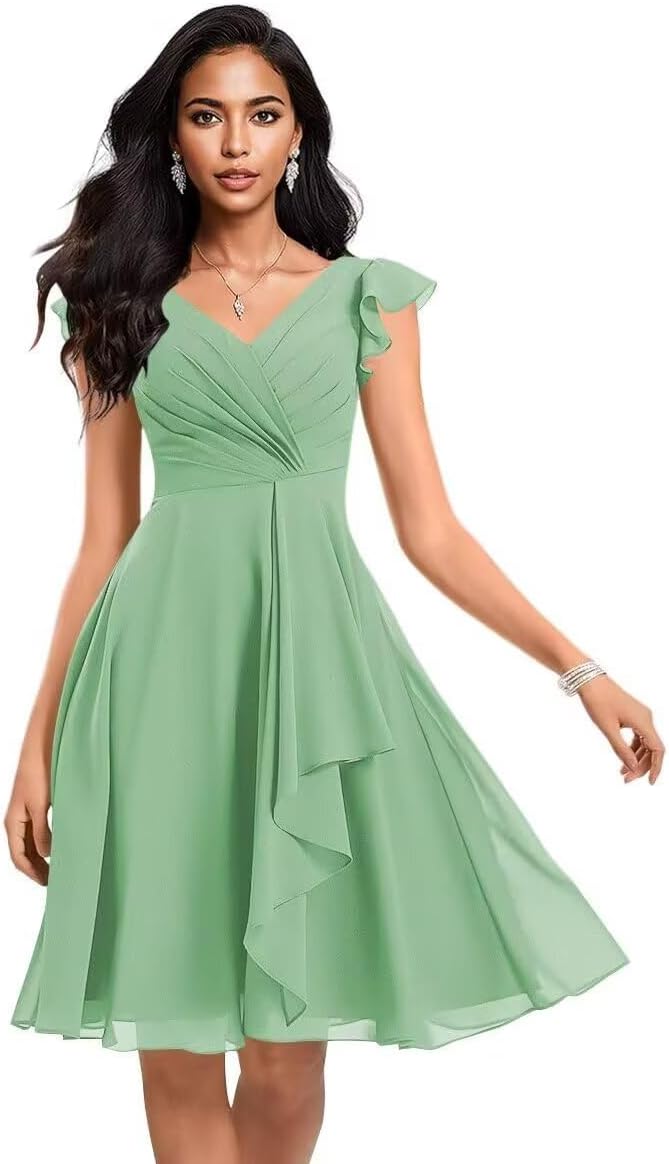 Fashionbride Short Chiffon Bridesmaid Dresses for Women V Neck Ruffles A Line Pleated Formal Evening Gowns AP49