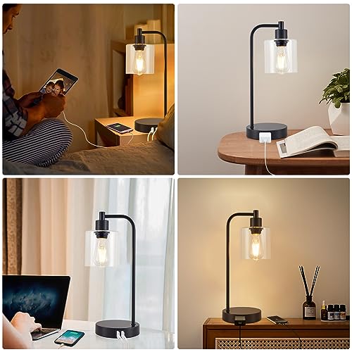 Table Lamp for Bedroom, Bedside Lamp with 3 Dimming Settings, Small Lamp with 2 USB Ports and 1 AC Outlet, Modern Nightstand Lamp with Glass Shade, Touch Lamp for Bedroom Nightstand, LED Bulb Included