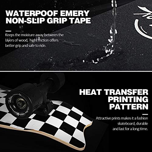 BELEEV Cruiser Skateboards for Beginners, 27 Inch Complete Skateboard for Kids Teens Adults, 7 Ply Canadian Maple Double Kick Deck Concave Trick Skateboard (Black)