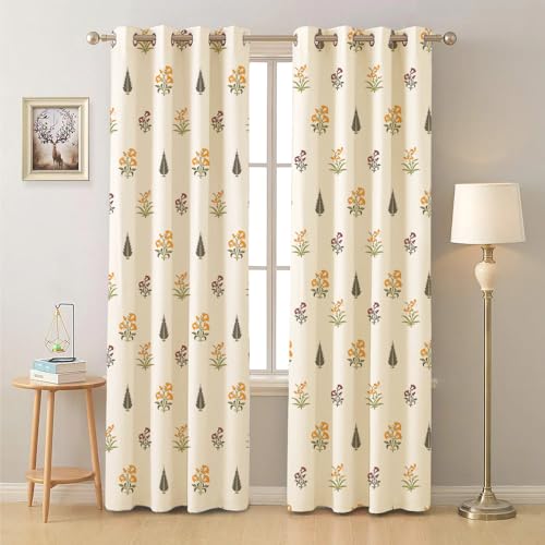 Image of Urban Space 100% Cotton Floral Curtains for Window, 60-65% Light-Filtering Curtains 5 Feet Long Set of 2 with Eyelets and Tieback, High Garden Yellow (Window - 5 Feet X 4 Feet)