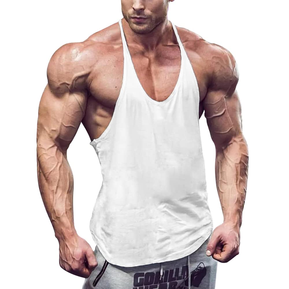 Gymape Men's White Y-Back Bodybuilding Workout Stringer Tank Tops Muscle Sleeveless Shirts Xl