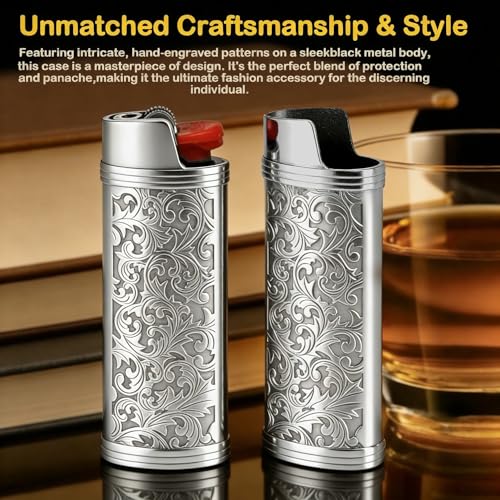 Ciomszan 2pcs Metal Lighter Case Cover Holder with Vintage Floral Pattern, Silver Finish, Compatible with BIC Full Size J6 Lighters (Silver)