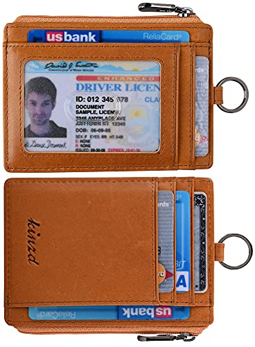Image of kinzd Slim Minimalist Zipper Credit Card Holder Leather Front Pocket Wallet with Keychain Ring Lanyard Strap