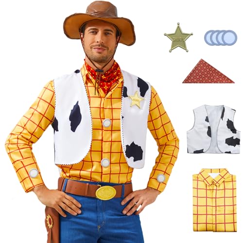 AYYOHON Cowboy Costume Adult Western Plaid Shirt Vest Neckerchief Sheriff Badge Set Mens Halloween Cosplay Outfits L