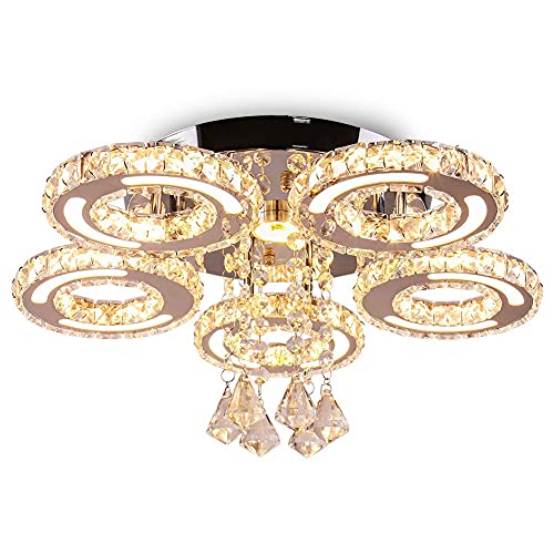 Super Big Clearance! Finktonglan Acrylic LED Ceiling Light 5 Rings Stainless Steel Crystal Chandelier Flush Mount Pendant Lighting Fixture for Living Room Dining Room Bedroom(Warm White)