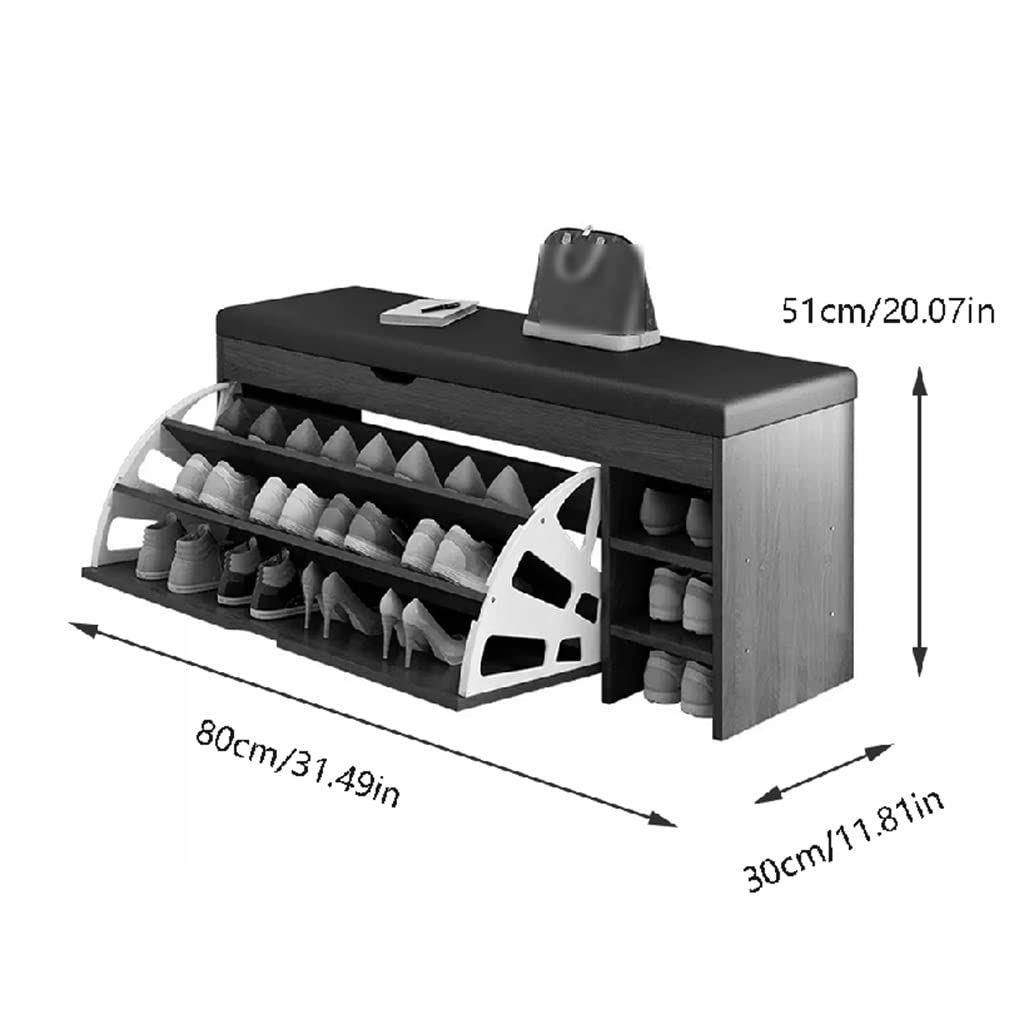 Banc de Rangement pour Chaussures à 3 Niveaux avec Coussin de Siège et Tiroir Rabattable en Bois