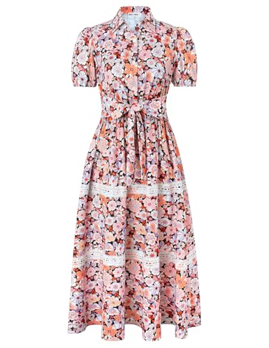 GRACE KARIN Kleider für Damen Sommer Kurzarm Langes Blumenkleid Elegant Floral A-Linie Strandkleider Gelbe Blume-Schwarz XXL