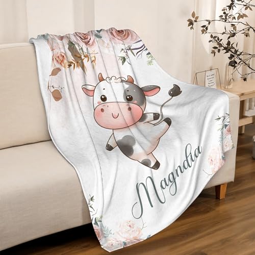 Image of Cute Cow Throw Blankets with Name, Personalized Cow Gifts for Boys Baby, Soft Flannel Animal Blankets,40 inchx50 inch for Kids