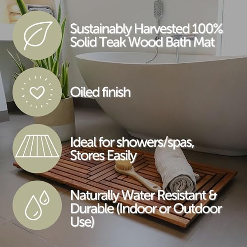 Nordic Style Teak Shower, Bath and Spa Mat | Indoor + Outdoor Use | Non-Slip Wood Platform | Spa, Sauna, Pool, Hot Tub | Luxury Decor (Oiled Finish, 40" x 20")