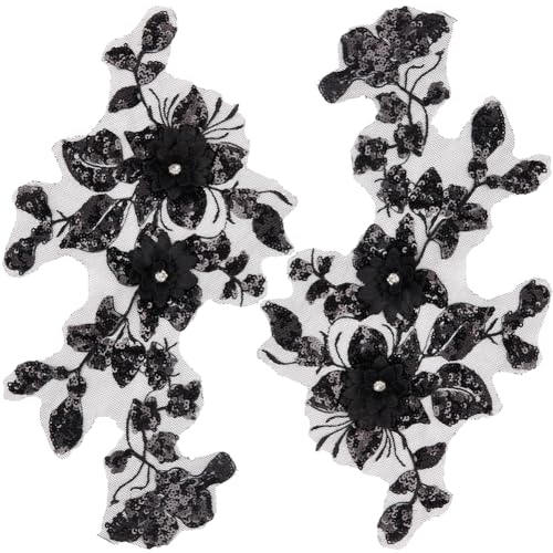 GORGECRAFT 2Pcs 3D Flowers Embroidered Lace Applique Sew on Trim Patches Glitter Sequins Beaded Floral Collar Fabric Craft Decoration Patch for Sewing Wedding Clothes Dress Pants Jeans Bag Black