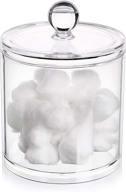 Hipewe Cotton Ball Swab Organizer Lid Apothecary Acrylic Jar Makeup Cotton Organizer Bathroom Storage Canister Jar Cotton Rounds Pads Q-Tips Holder