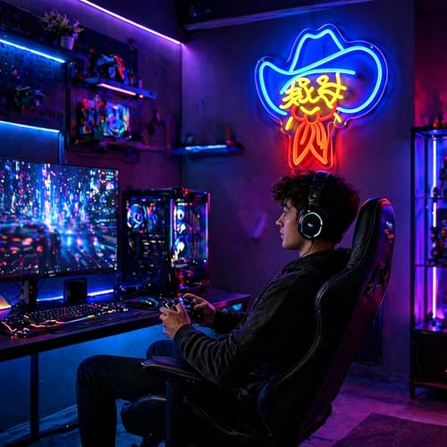 Image of Cat Neon Sign for Wall Decor Light Up Sign Cowboy Led Signs for Room Party Home Wall Decor USB Powered