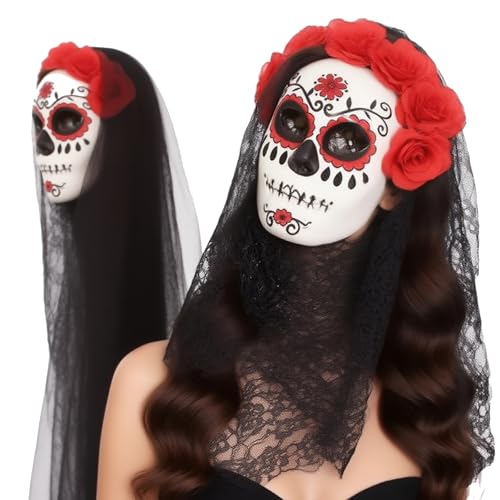 Mexican Day of the Dead Mask for Women Dia de los Muertos Headpiece Full Skeleton Skull Flower Mask, for Birthday Festival Holiday Carnival Bar Cosplay Mexican Party Supplies (Red)