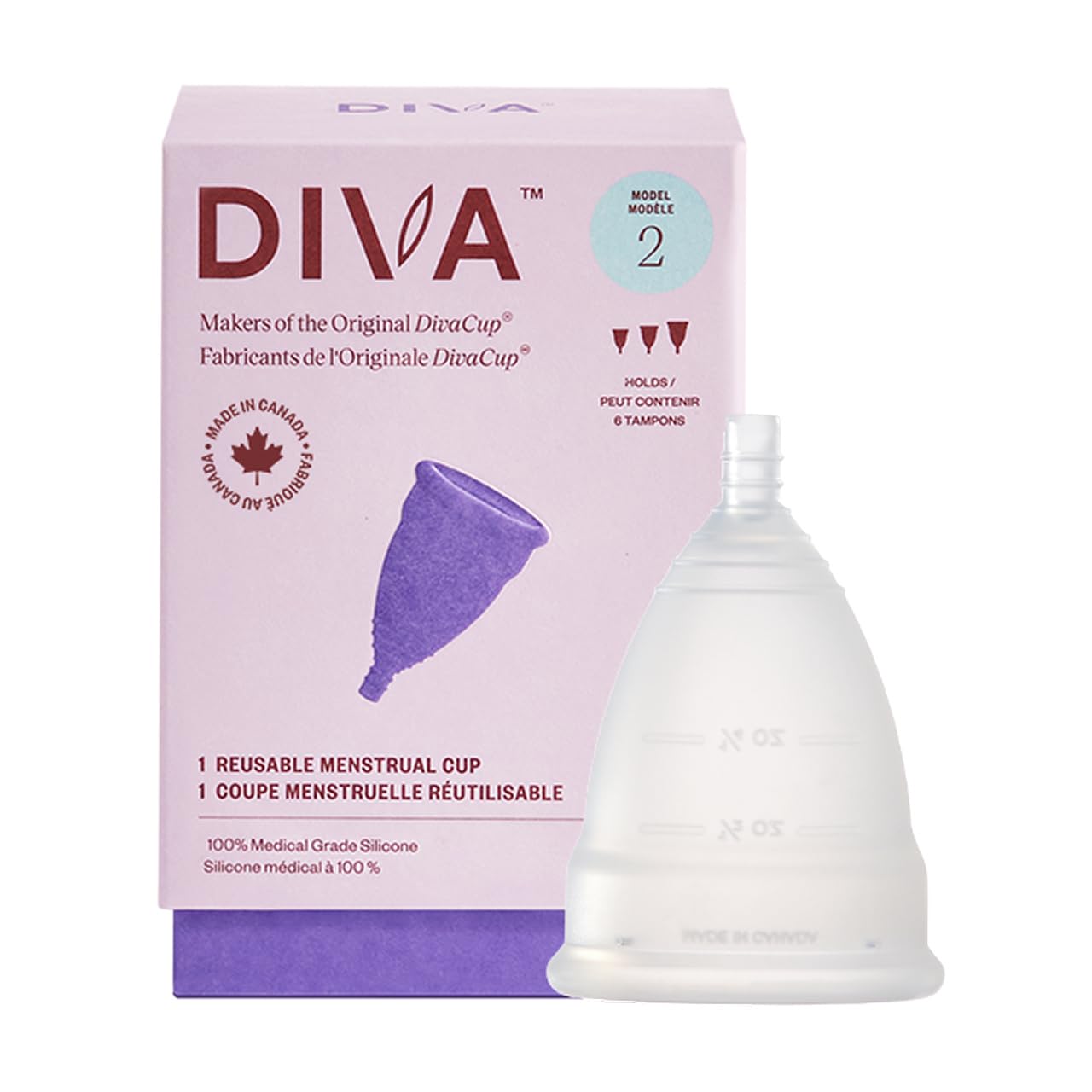 DivaCup Menstrual Cups Model 2 - 100% Medical-Grade Silicone, BPA- And Dye-Free, Soft, Comfortable Cup With Storage Bag And User Guide. Only Period Cup Approved As Medical Device In Multiple Countries