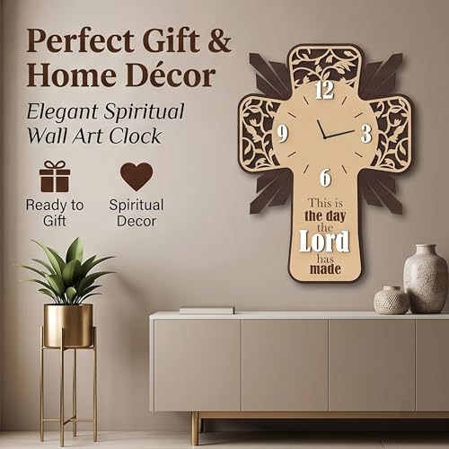 Image of Cross Wall Clock for Hall | Jesus Cross Wooden Design | Christian Wall Clock with Jesus Cross | Decorative Clock for Living Room, Office Room & Prayer Room 12 Inch