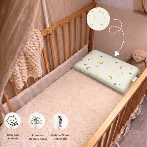 Image of Premium Memory Foam Toddler Thin Pillow | Head,Neck & Back Support | Washable Removable Cover | Ideal for Sleeping,Reading & Resting | Age 2to9 Year | 18.5x12.5x2.5in | Moon and Star Print