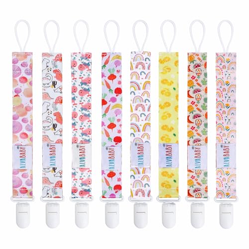Image of ALVABABY Pacifier Clips Rainbow Fruit 8 Packs Paci Clip Holder Leashes for Baby Boys and Girls Fits Most Pacifier,Binkie Styles,Baby Teethers,Toys