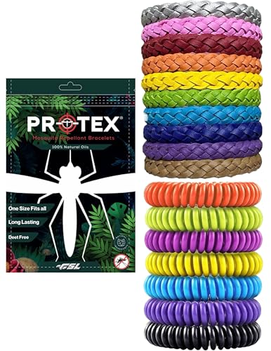 PR0TEX 17 Pack, Insect Repellent Bracelet, 10 Adjustable Woven Leather Bracelets, 7 Waterproof EVA Bands, DeetFree, Powerful Effective Protection, Mosquito Bug Repellent Bracelets for Adult & Kids