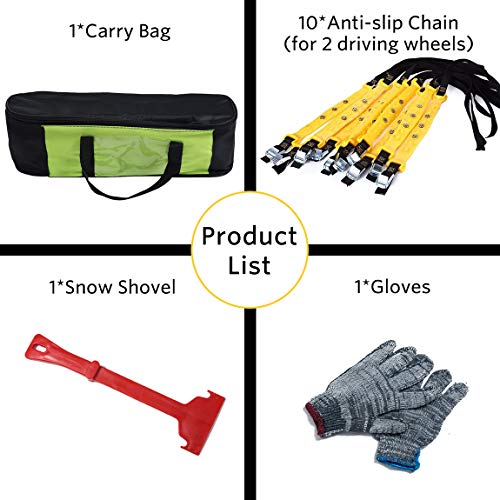Snow Chains Anti Slip Snow Chains Emergency Anti-Skid Snow Mud Tire Chains for Cars/SUV/ATV/Trucks, Adjustable 10pcs Car Security Chains with Free Snow Shovel and Gloves (Yellow) - Thumbnail 2