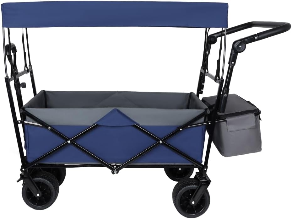 Heavy-Duty Foldable Wagon with All-Terrain Wheels, Adjustable Push-Pull Handle, Removable Canopy, Large Capacity for Camping, Garden, Shopping and Outdoor Use (Dark Blue + Steel)