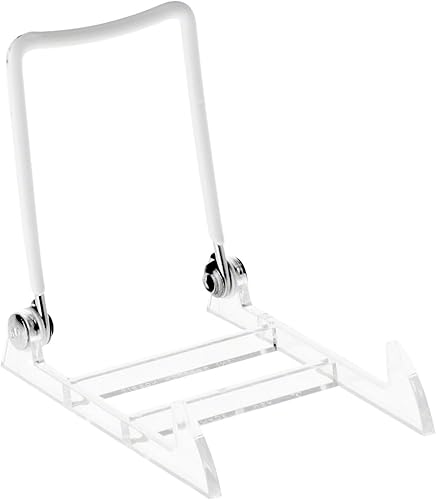 GIBSON HOLDERS 1PL - Caballete de exhibición de alambre blanco ajustable y acrílico transparente, 2.75 pulgadas de ancho x 3.75 pulgadas de