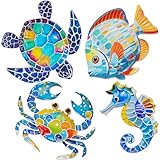 FaloStwer Metal Beach Wall Decor Art, 3D Colorful Sea Turtle Fish Crab Seahorse Outdoor Sculptures, UV Printed Ocean Theme Wall Art for Home & Garden Décor(Beach, Blue)