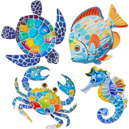 FaloStwer Décoration murale de plage en métal 3D colorée - Tortue de mer, poisson, crabe, hippocampe, impression UV, décoration murale pour la maison et le jardin...