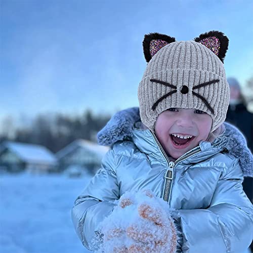Kids Girls Sequin Cat Ear Hat Winter Warm Knit Beanie Cute Ski Skull Cap For Ages 7-12 #TOP2