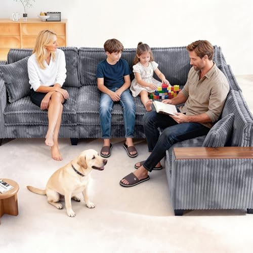 Image of 97 inch L Shaped Sectional Couch, Comfy Corduroy Sectional Couch, Modular Convertible V Shaped Couch, 5 Seat Corner Sofa with 2 Pillows & Storage Armrests for Living Room, Grey