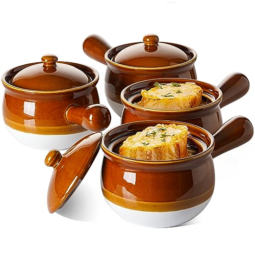 LE TAUCI French Onion Soup Bowls 22 Ounce Ceramic Soup Bowls with Handles Soup Crocks with Lids for Soup Cereal Chilli Beef Stew Oven Safe Stackable Serving Bowls Set Set of 4