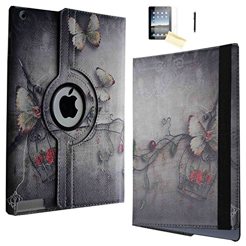 Jytrend 360 Degrees Rotating Stand Leather Magnetic Smart Cover Case With Wake Sleep Feature For Ipad Mini 1/Mini 2/Mini 3, With Free Screen Protector, Stylus And Cleaning Cloth, Butterfly Flower #TOP18